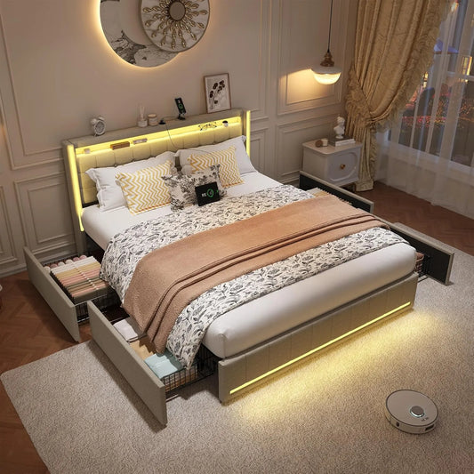Lit 2 Places en Lin Beige avec Sommier LED et Ports USB, Tiroirs de Rangement et Tête de Lit Capitonnée 140x190 cm