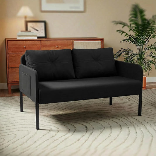 Sofa 2 Places Minimaliste, 110 cm, Dossier Haut en Tissu Respirant, Confort pour Salon, Couleur Noire