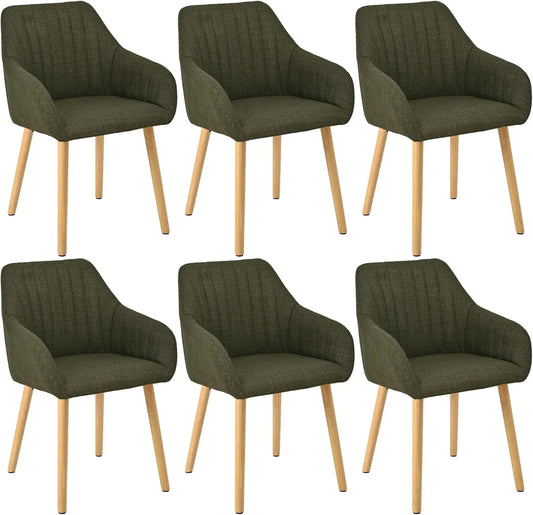 Ensemble de 6 chaises de salle à manger en tissu vert avec accoudoirs et pieds en bois