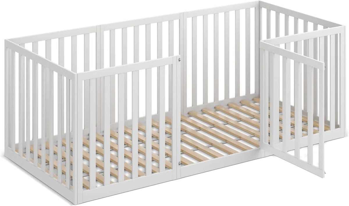 Lit Montessori pour Enfant avec Barrière Amovible, 90x200 cm, Bois Massif de Pin, Sommier Inclus, Blanc