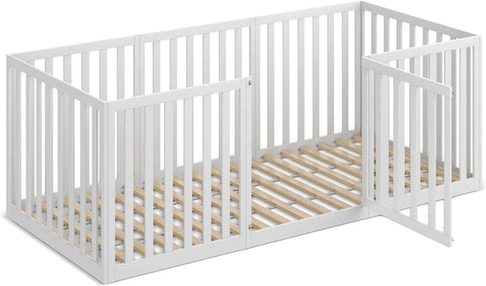 Lit Montessori pour Enfant avec Barrière Amovible, 90x200 cm, Bois Massif de Pin, Sommier Inclus, Blanc