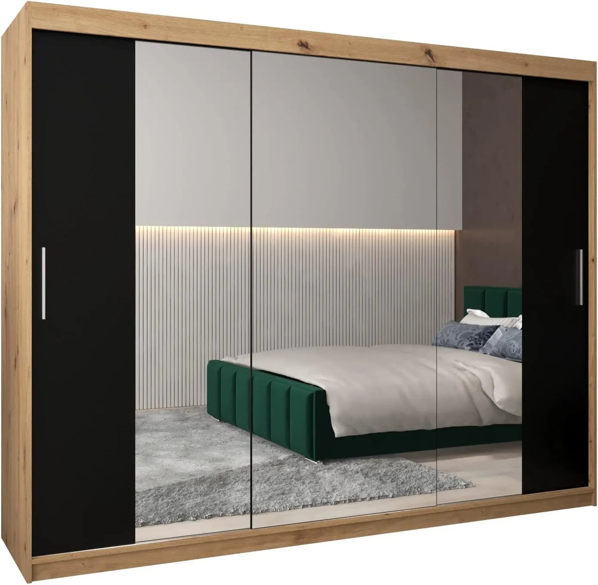 Grande Armoire Moderne 250 cm avec Miroir et Portes Coulissantes, Chambre à Coucher, Artisan Noir