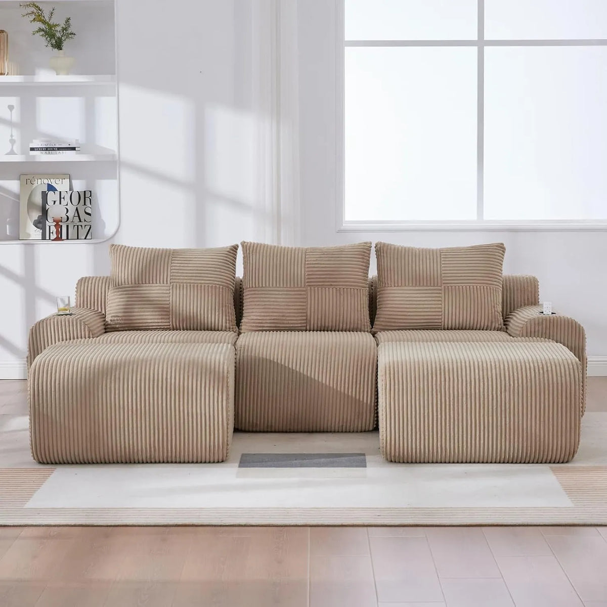 Canapé d'angle modulable en velours côtelé avec porte-gobelet, idéal pour salon et bureau