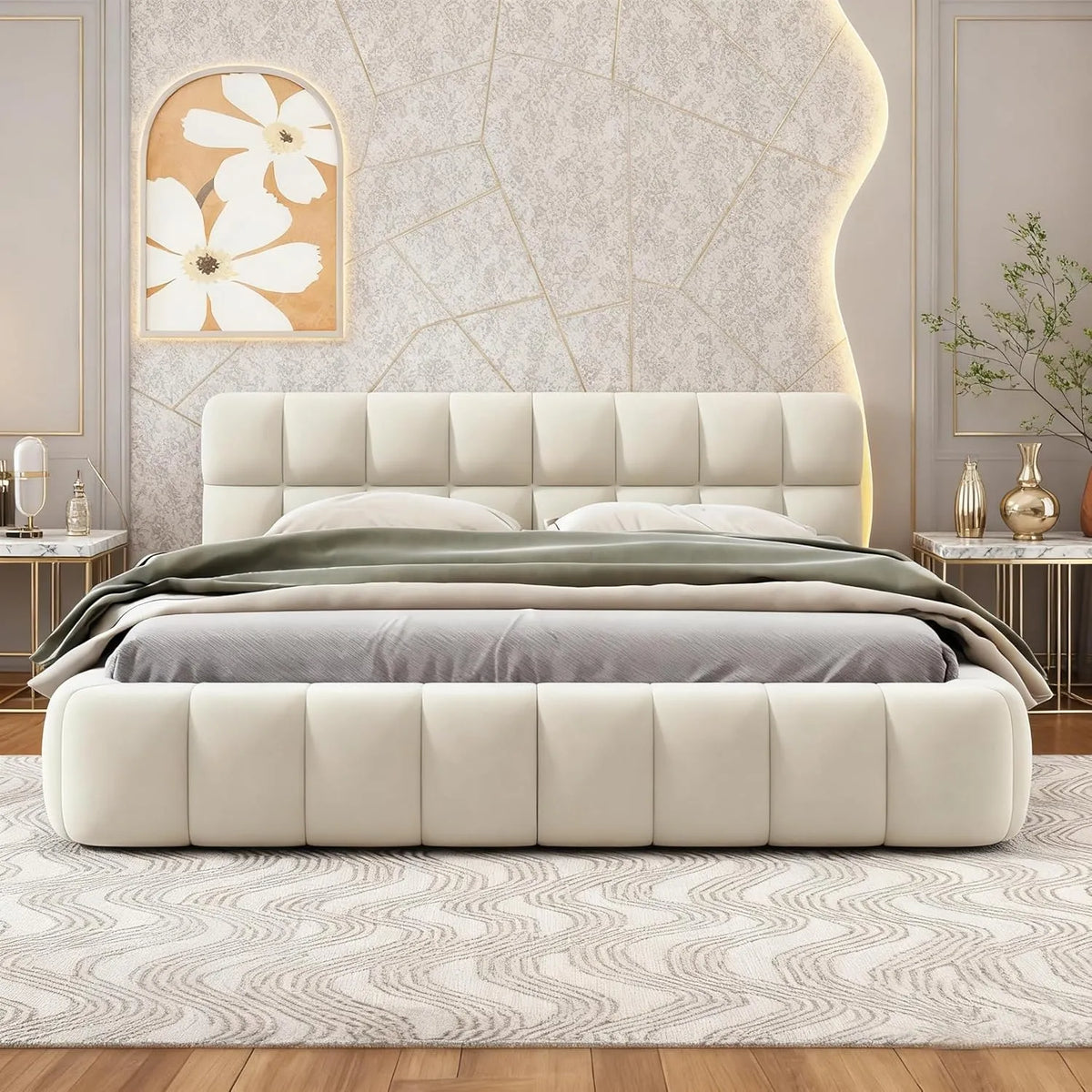 Lit Double Élégant Bubble 140x190 avec Sommier à Lattes et Tête de Lit Rembourrée, Parfait pour Adolescents et Chambres d'Hôtes, Coloris Lin Beige
