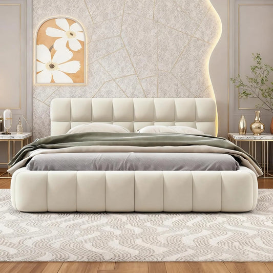 Lit Double Élégant Bubble 140x190 avec Sommier à Lattes et Tête de Lit Rembourrée, Parfait pour Adolescents et Chambres d'Hôtes, Coloris Lin Beige