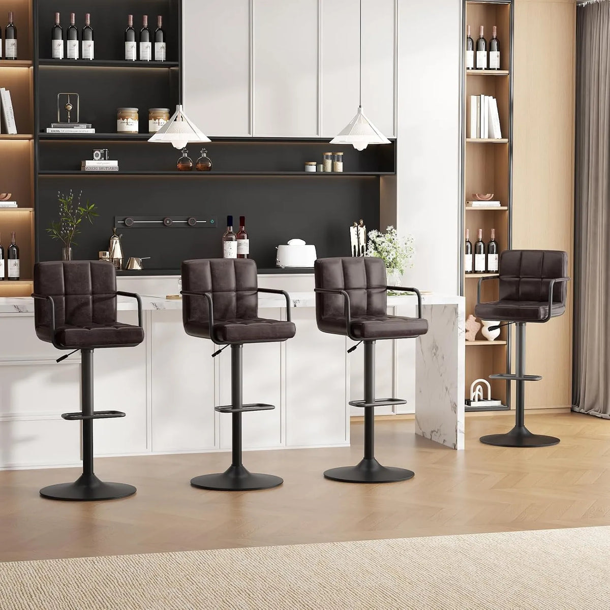 Ensemble de 4 chaises de bar pivotantes en similicuir avec repose-pieds et accoudoirs - Hauteur réglable - Marron et noir