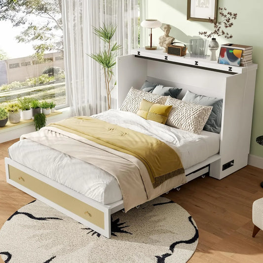 Lit Escamotable avec Bureau et Rangement, Double 140x200 cm, USB Intégré - Blanc