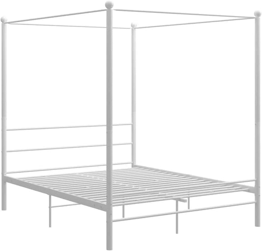 Lit à Baldaquin Double en Métal Blanc 160x200 cm avec Sommier