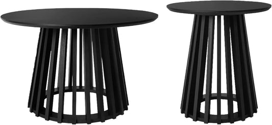 Ensemble de 2 tables basses rondes avec plateau en bois noir et pieds en sapin - Ø40cm et Ø60cm