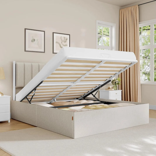 Lit Coffre 160x200 cm avec Sommier Relevable et Rangement Hydraulique, Design Moderne, Beige Cappuccino