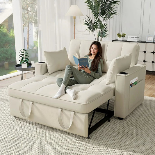 Canapé-lit 2 Places Réglable avec Porte-Gobelet et Coussin en Velours Beige