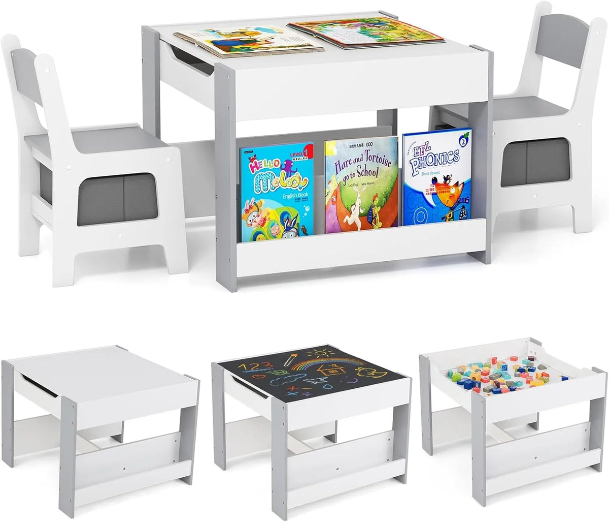 Ensemble Table et Chaises Enfant 4 en 1 avec Tableau Réversible et Rangement – Bois et Tissu, 3 Ans+ (Gris)