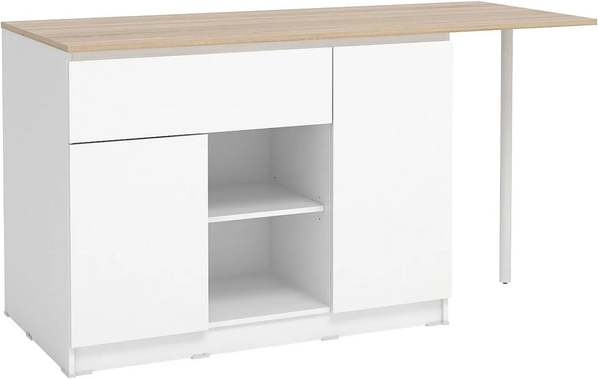 Îlot de Cuisine Multifonctionnel avec rangement - Blanc et Bois Naturel - TUNORI