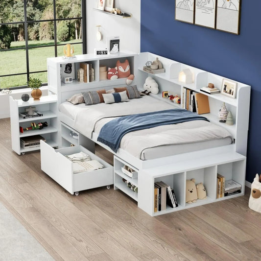 Lit Enfant Multifonction avec Rangement, Bibliothèque et Armoire, Blanc, 90x200 cm