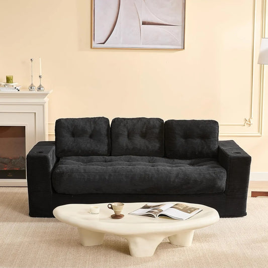 Canapé 3 Places en Tissu Côtelé Noir avec Accoudoirs et Porte-gobelets, Sans Montage
