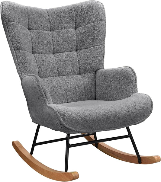 Chaise à Bascule Design en Tissu Peluche, Fauteuil d'Allaitement Confortable Gris Foncé