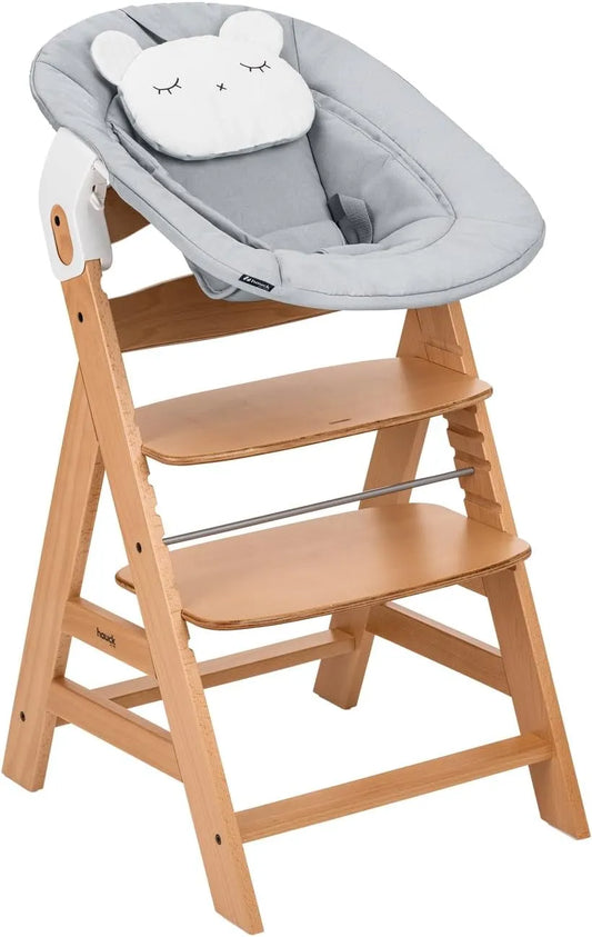 Chaise Haute Évolutive pour Bébé en Bois avec Accessoires de Sécurité - Naissance à 90 kg, Couleur Naturel Gris