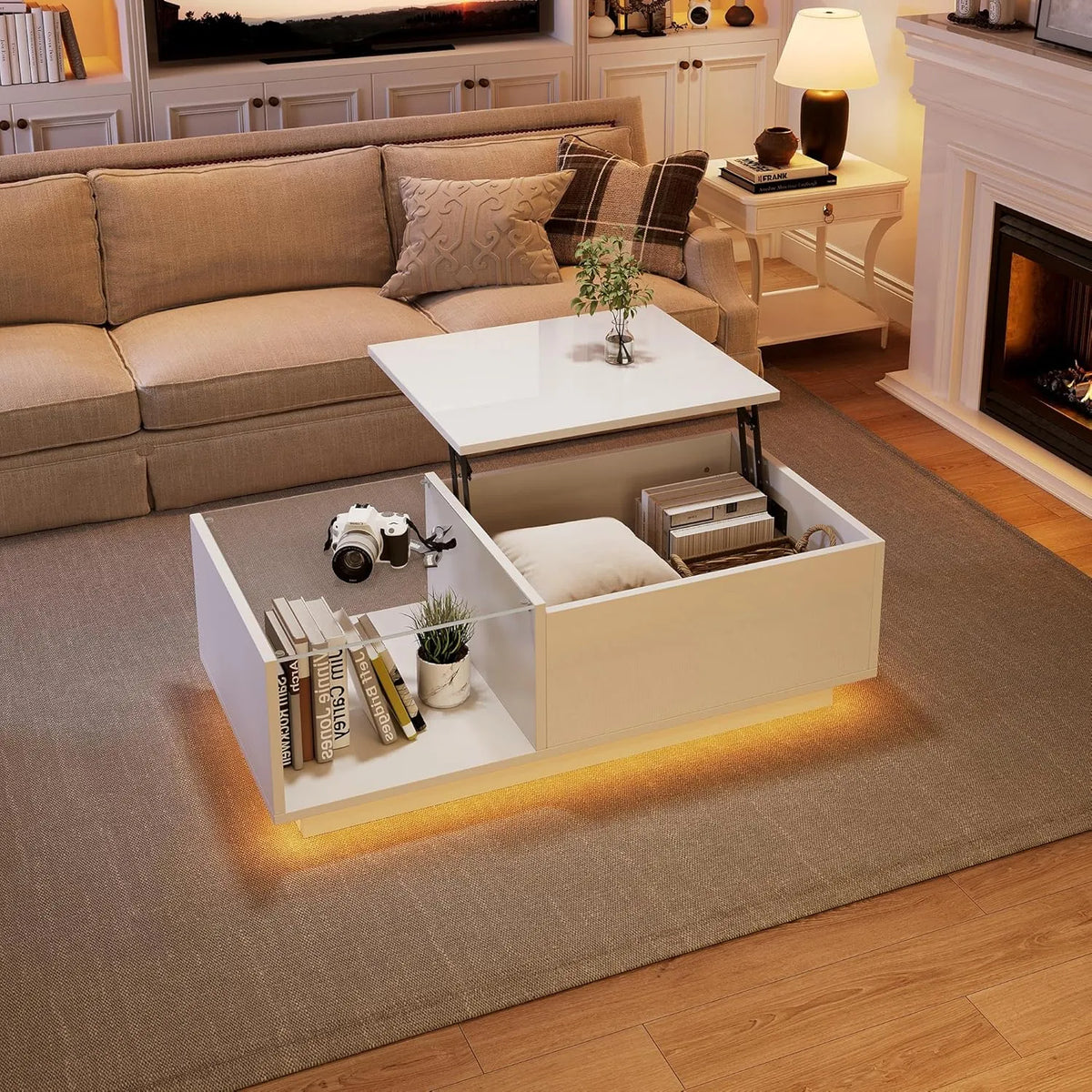 Table Basse Moderne avec Éclairage LED et Rangement Intégré, Hauteur Ajustable, Blanc 100x50x33 cm