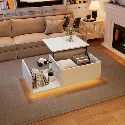 Table Basse Moderne avec Éclairage LED et Rangement Intégré, Hauteur Ajustable, Blanc 100x50x33 cm