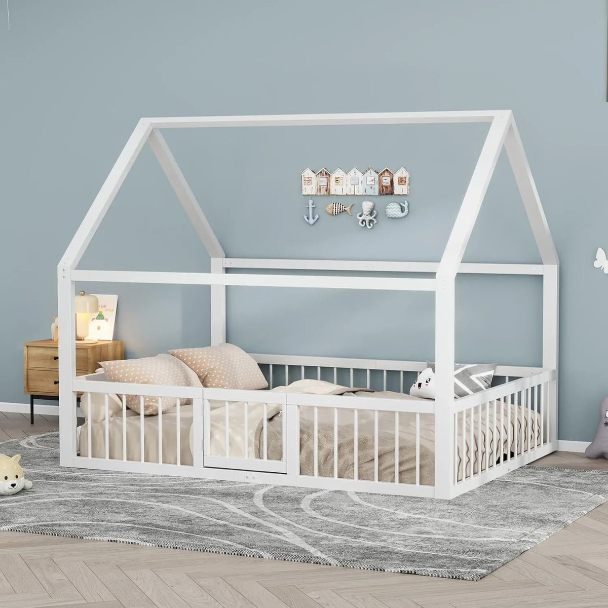 Lit Cabane Enfant 140x200 cm, Style Montessori, Structure Métallique, Blanc, Sans Matelas