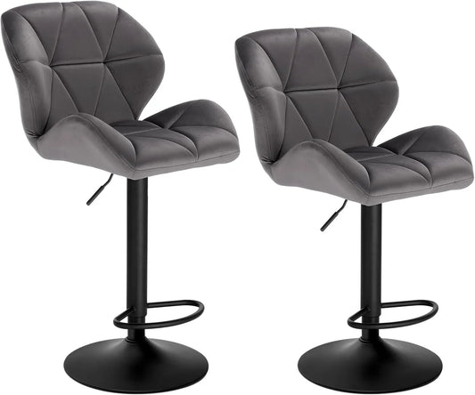 Tabourets de Bar Réglables en Velours Gris avec Dossier et Base Métallique, Lot de 2
