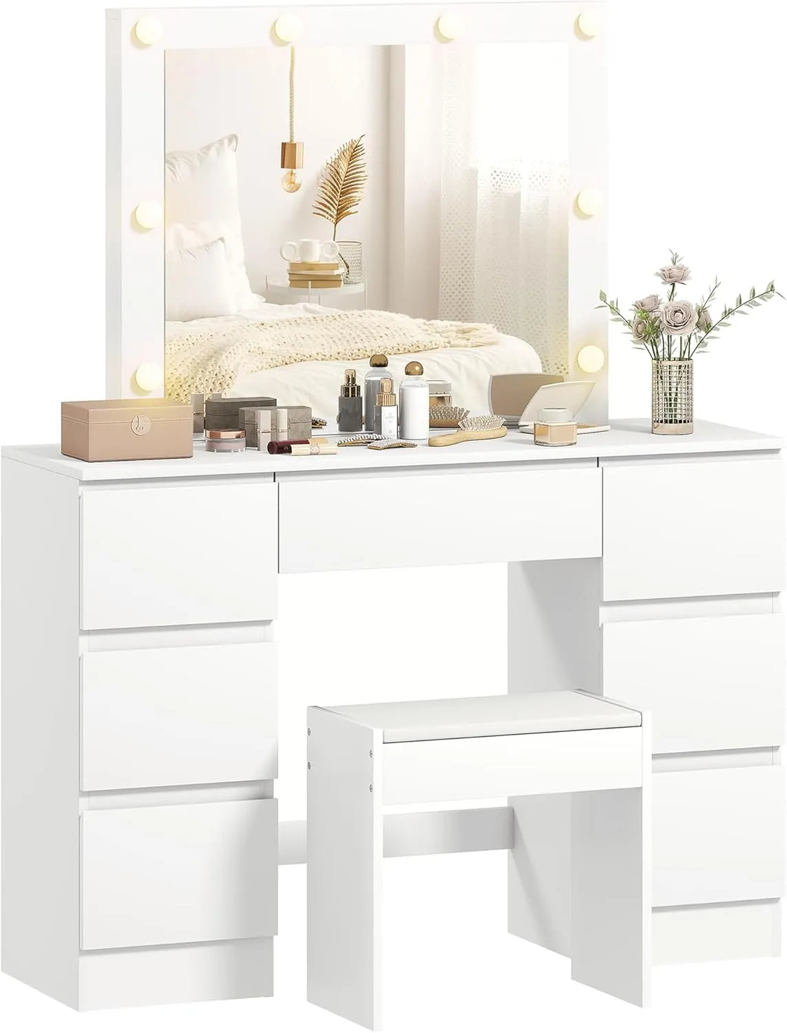 Ensemble Coiffeuse Hollywood avec LED et Tabouret rembourré, 7 tiroirs, Blanc
