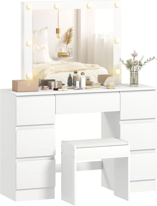 Ensemble Coiffeuse Hollywood avec LED et Tabouret rembourré, 7 tiroirs, Blanc
