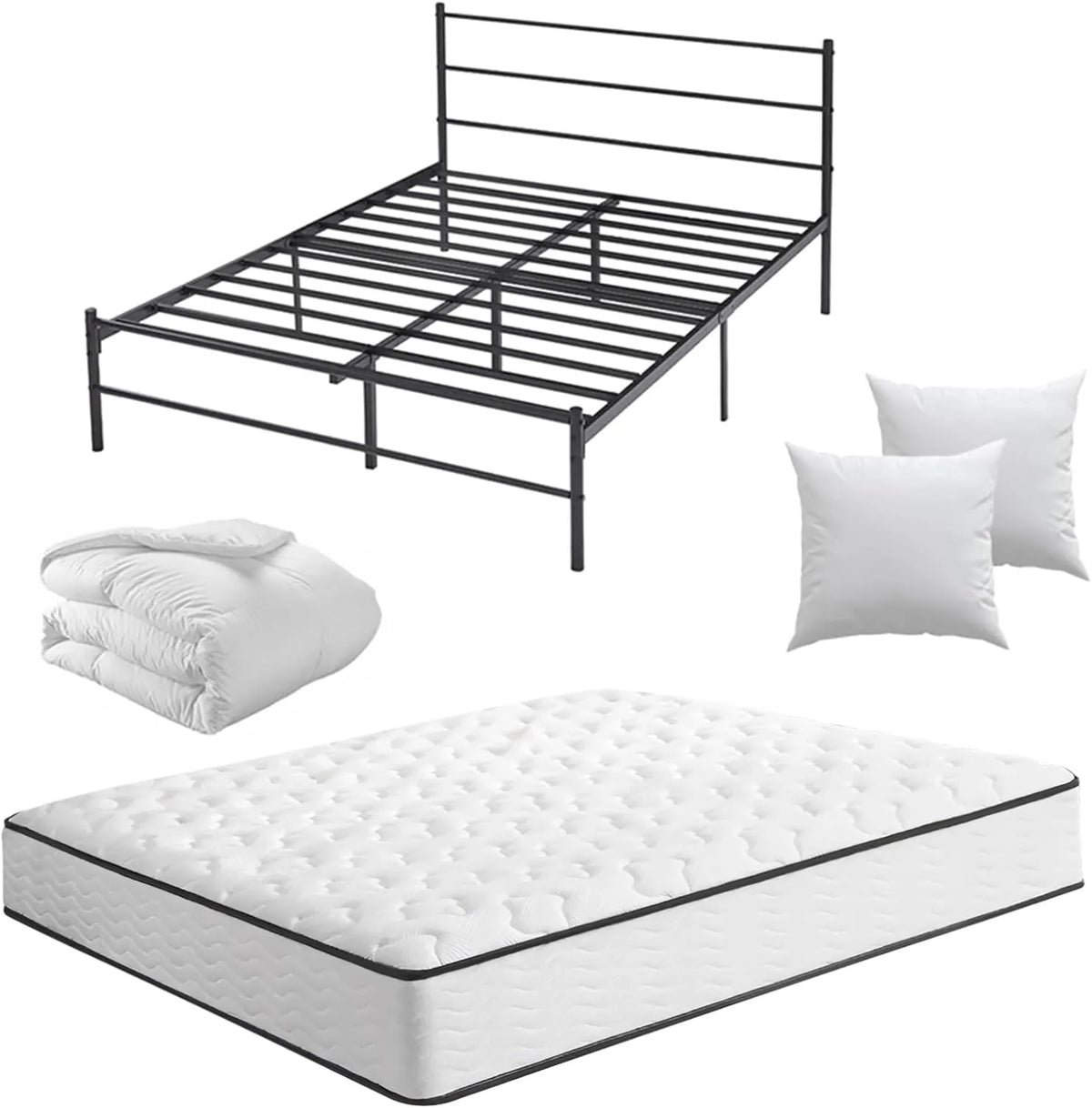 Pack Confort: Matelas 140x190, Lit en Métal, Couette et Oreillers