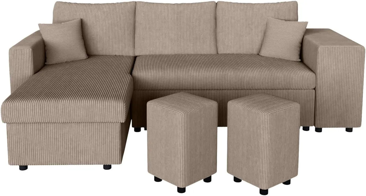 Canapé d'angle réversible et convertible Oslo avec coffre et poufs en velours côtelé