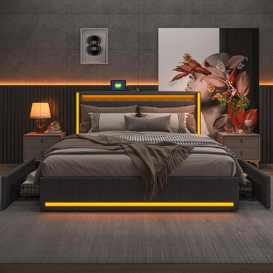 Lit Double 160x200 cm avec Tiroirs Intégrés, Ports USB et Éclairage LED, Sommier à Lattes et Revêtement Rembourré (Gris)