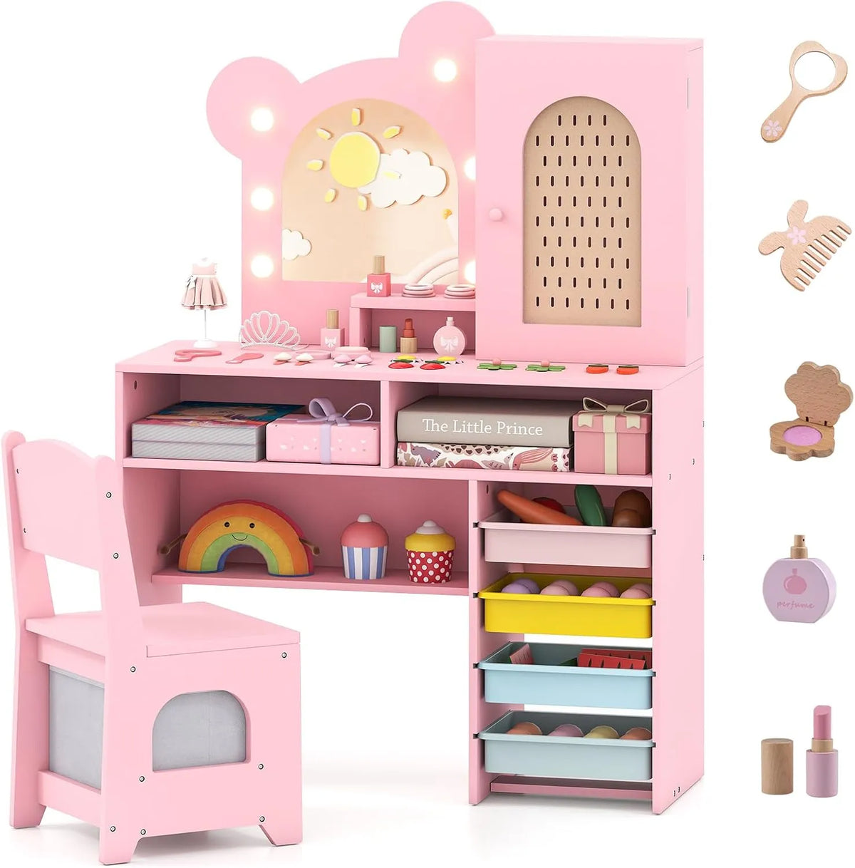 Coiffeuse Enfant avec Chaise et Miroir LED, Bureau Fille avec Rangement et Étagères, 3 Ans et Plus, Rose