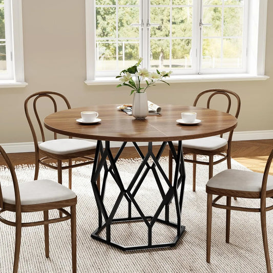 Table Ronde de Cuisine en Bois 120 cm avec Pied Central Métal, 4 à 6 Personnes, Idéale pour Petits Espaces