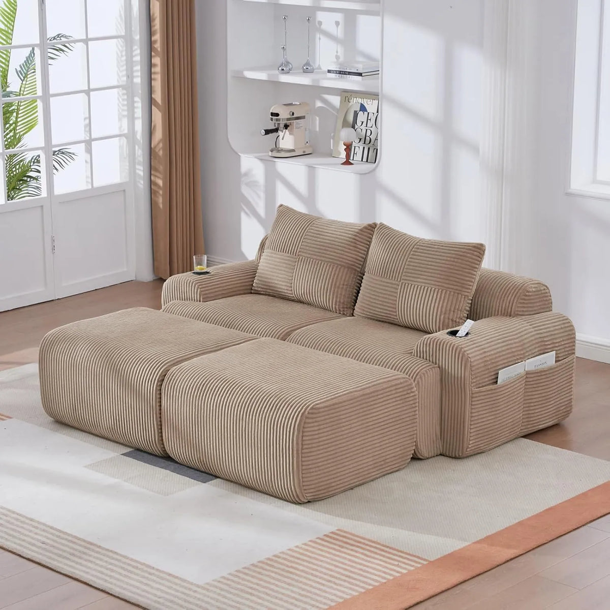 Canapé d'angle modulable en velours côtelé avec repose-pieds et rangements
