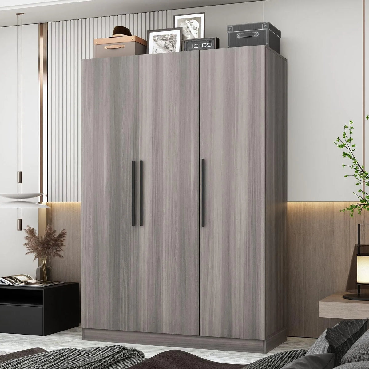 Armoire Moderne 3 Portes avec Étagères, Tringle de Suspension, Bois Gris, 120x48x178 cm