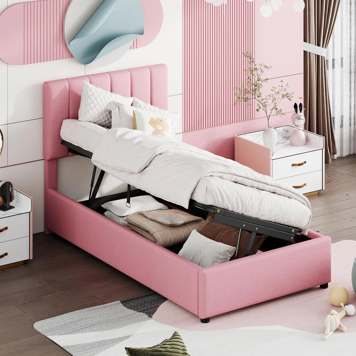 Lit Enfant Méridien avec Rangement Intégré, Tissu Lin Rose, Taille 90x200 cm