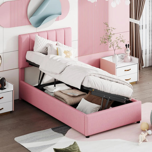 Lit Enfant Méridien avec Rangement Intégré, Tissu Lin Rose, Taille 90x200 cm