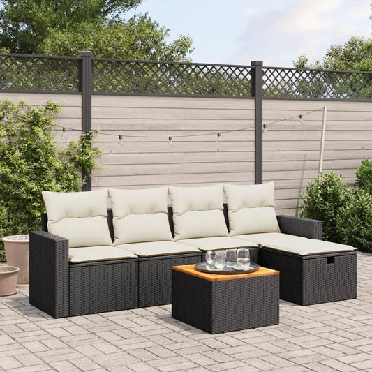 Set de Salon de Jardin 6 Pièces Noir en Rotin, Table Acacia Résistante UV, Design Modulable Extérieur