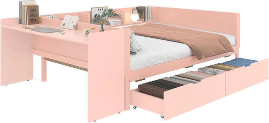 Lit double 140x200 cm en bois de pin, avec bureau intégré, 2 tiroirs et étagères, coloris rose, sans matelas