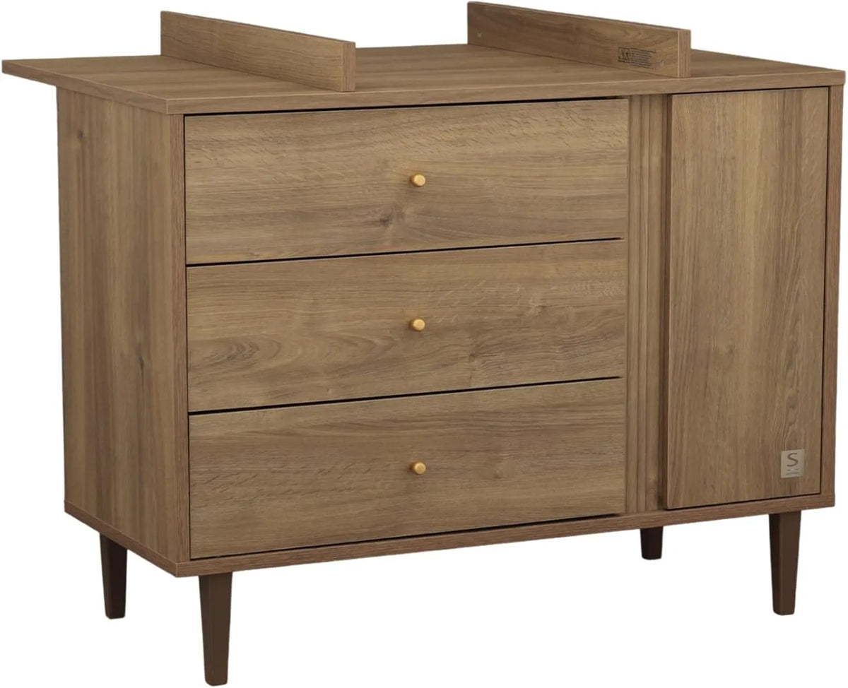 Commode Sauthon 3 Tiroirs et 1 Porte, Effet Bois Texturé, Pieds en Bois