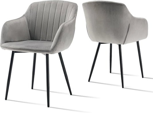 Lot de 2 Fauteuils en Velours Gris avec Accoudoirs pour Salle à Manger et Salon, Pieds Métalliques