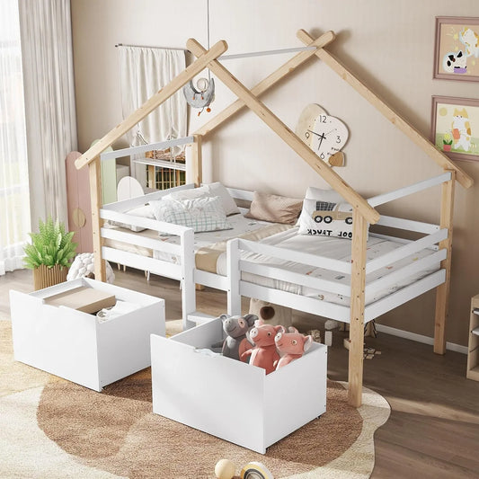 Lit Enfant en Bois 90x200 cm avec Tiroirs et Échelle, Design Maison avec Barrière Antichute