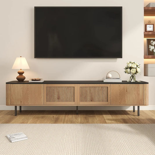 Buffet TV contemporain avec portes en treillis, finition chêne - 190x35x45 cm - Rangement spacieux et durable