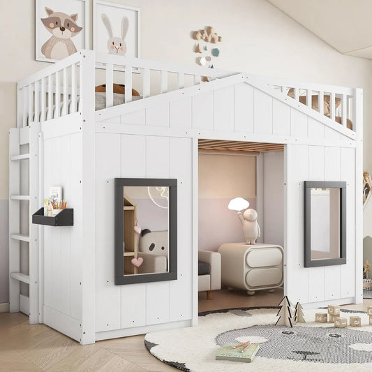 Lit Cabane Enfant 90x200 avec Escalier et Rangement, Structure Pin, Blanc