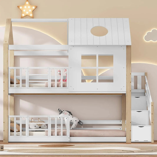 Lit Mezzanine Enfant 90x200 avec Escalier de Rangement et Toit en Pin Blanc