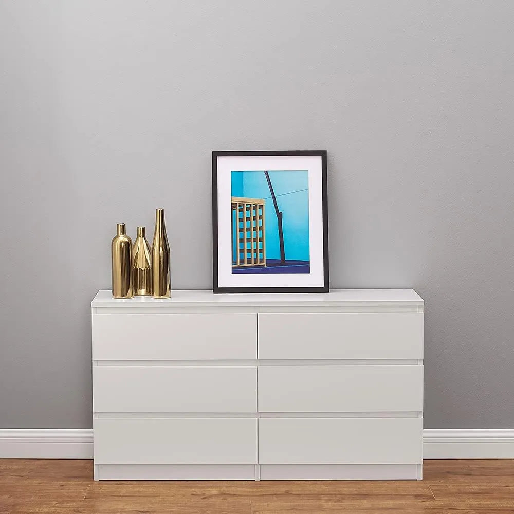 Commode Panana 6 Tiroirs pour Salon, Chambre et Bureau, 120 x 33 x 64,5 cm, Blanc