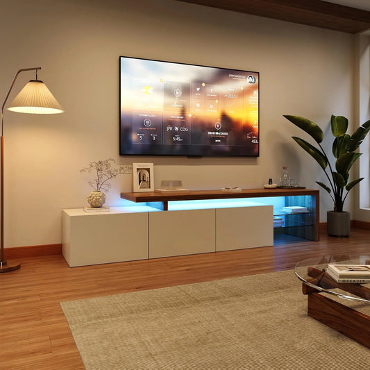 Meuble TV Contemporain avec Portes et Étagères en Verre, LED Multicolores, pour Salon ou Chambre