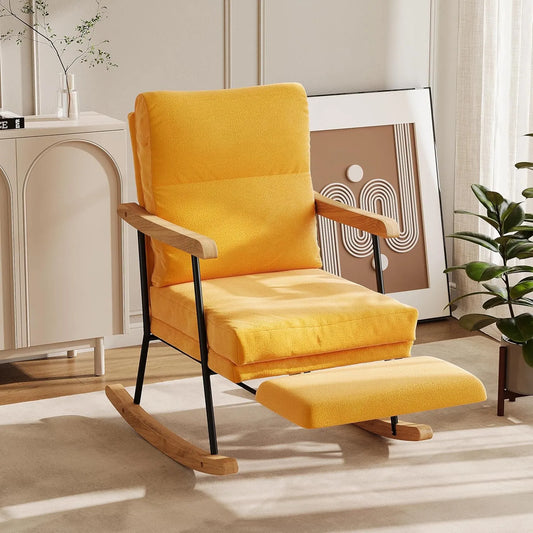 Fauteuil à Bascule Confortable avec Repose-Pieds Rétractable - Bois et Tissu Jaune