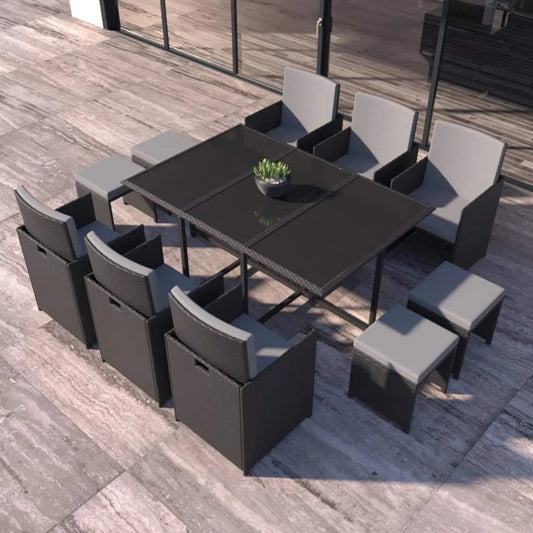 Ensemble de Jardin en Résine Tressée pour 10 Personnes - Table avec Plateau en Verre, Chaises et Poufs - Kit Compact et Imperméable