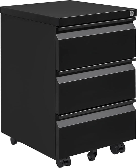 Caisse de Bureau Métallique à 3 Tiroirs avec Serrure, Prémontée, Noir