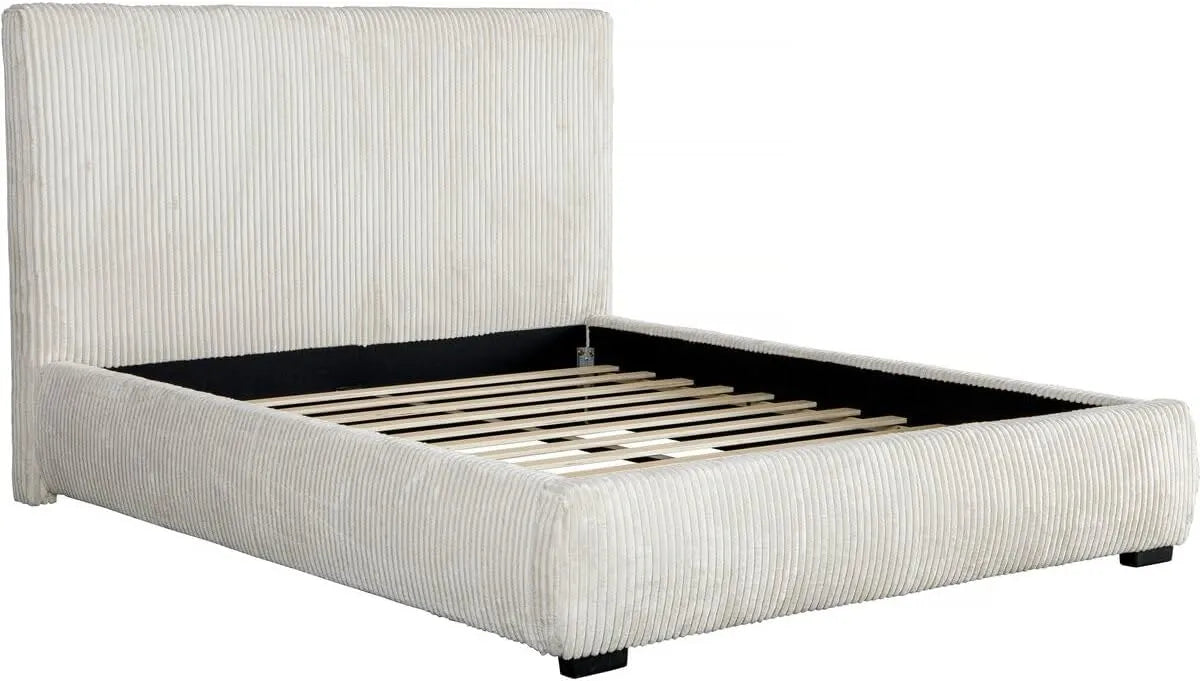 Lit Double en Velours Côtelé Montana, 180 x 200 cm, Beige Élégant